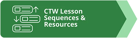 Green chevron banner pointing to the right. It includes an icon of three sequenced rectangles and arrows showing them moving up and down. Text reads: CTW Lesson Sequences and Resources